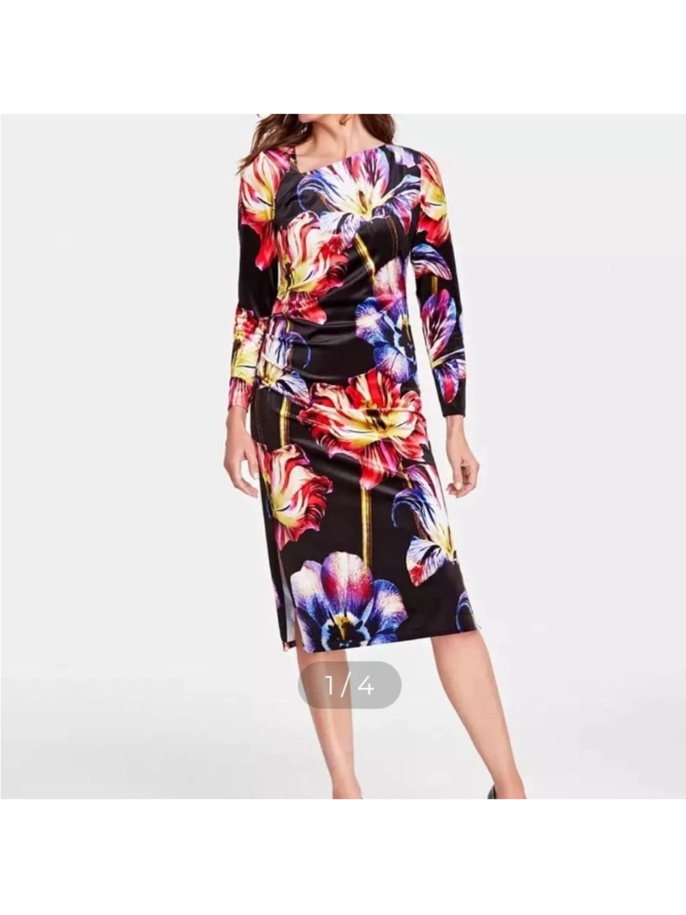 Floral Midi Sheath Dress in Black with Multicolor Bloom